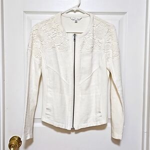 CABI White Women's Small Lace Textured Full Zip Sweater Jacket